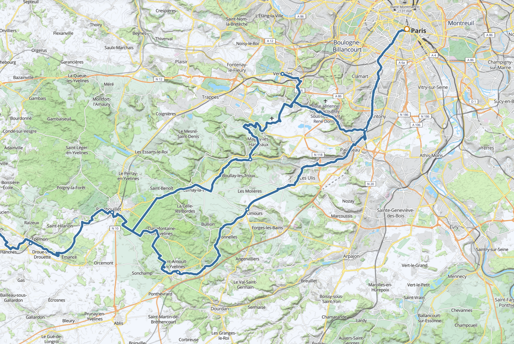 Tracé de la Véloscénie et des variantes de l'itinéraire en Île de France