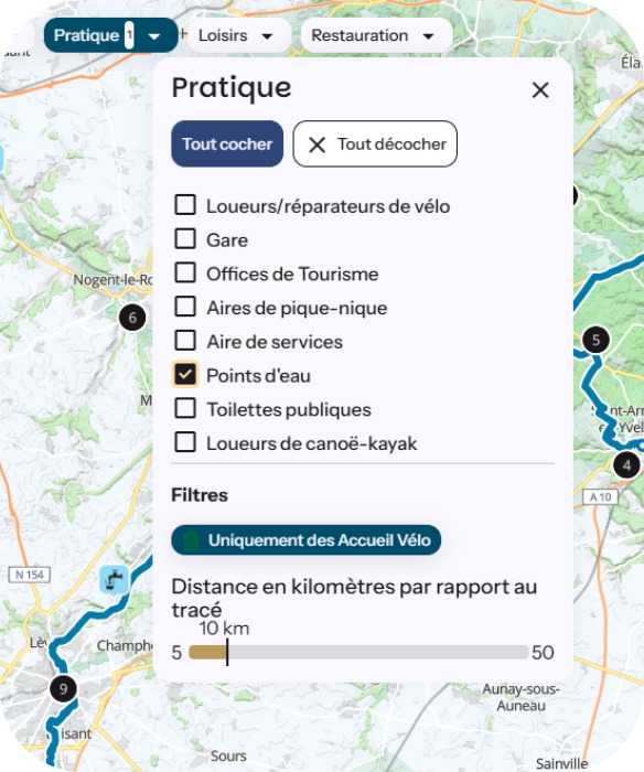 Filtre point d'eau sur le site web de la Véloscénie