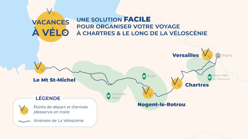 Carte des points de départ et d'arrivée possibles du service de location de vélos Vacances à Vélo