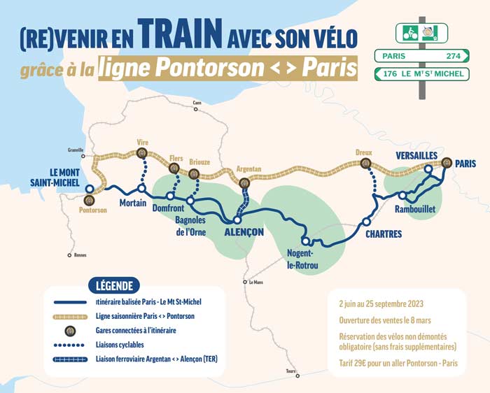 Carte de la ligne de train TER saisonnière Paris - Pontorson 2023