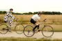 Cyclistes déguisés en vache et en poule sur la Véloscénie lors du Mad Jacques, Vallée de Chevreuse