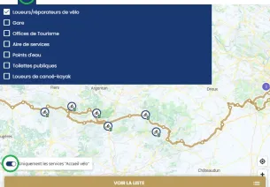 Recherche de location de vélos à la journée le long de la Véloscénie sur les cartes du site internet de la Véloscénie